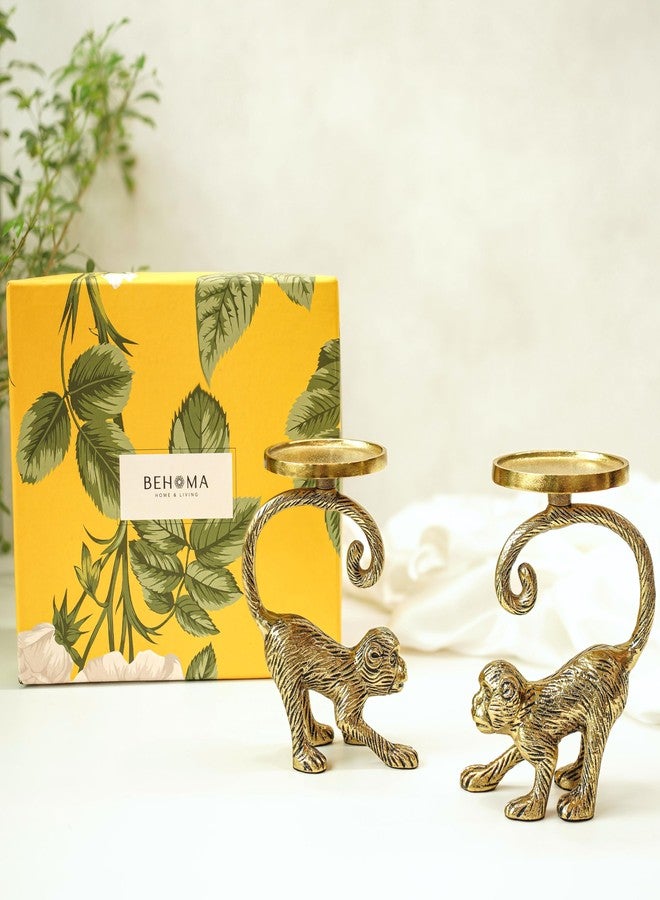 BEHOMA Metal Monkey Pillar Candle Holder Gift Hamper, Festive Gifting Showpiece for Birthday, Housewarming, Anniversary (Set of 2), Gold - Image 1